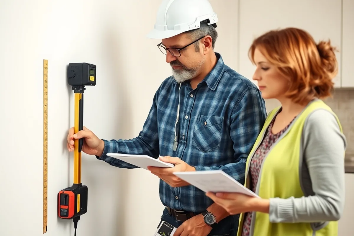 Contractor measuring a kitchen wall while homeowner takes notes
