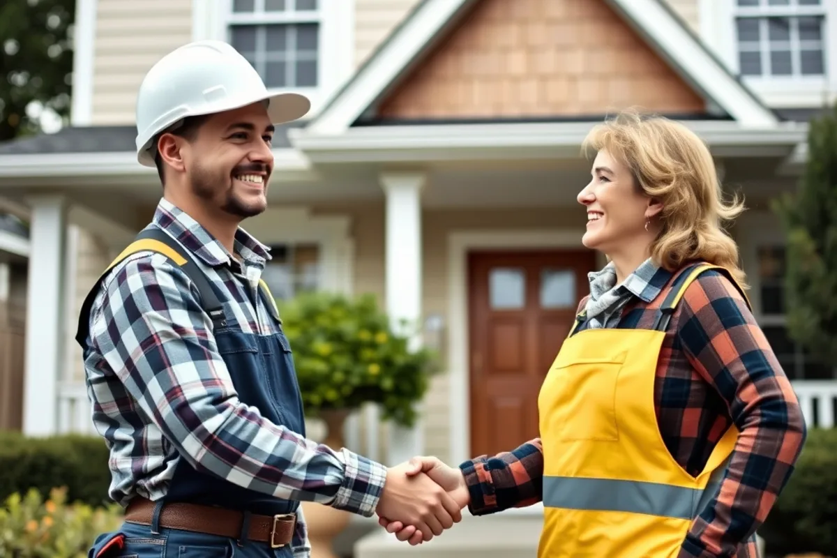 Contractor and homeowner shaking hands in front of a renovated house