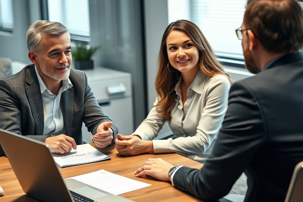 Couple meeting a mortgage adviser with documents and laptop
