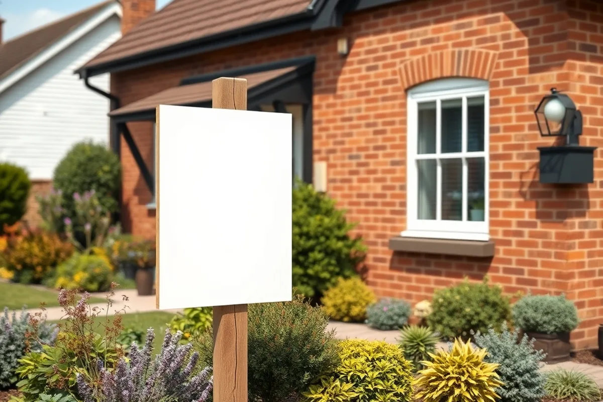 For sale sign in front of a modest brick house with a tidy garden