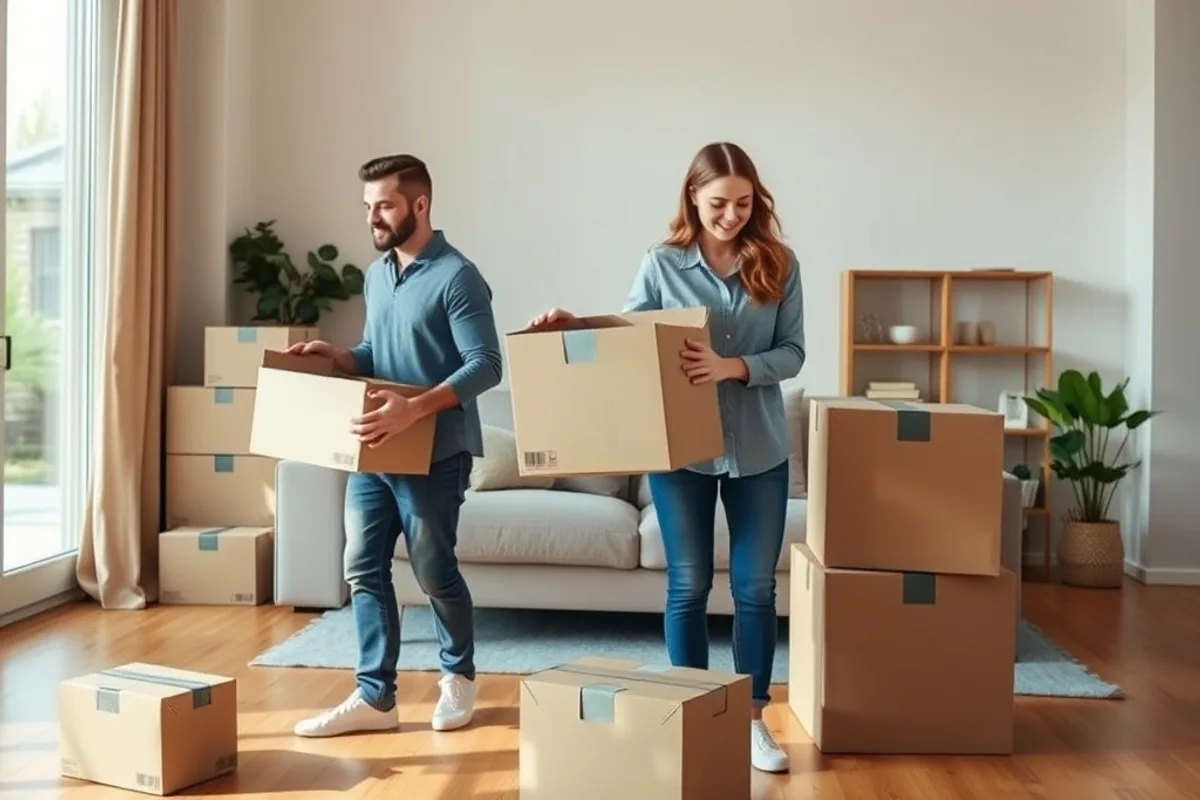 Couple unpacking boxes in their new living room