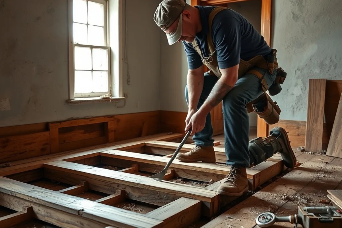 Carpenter repairing damaged timber floor joists in an older house