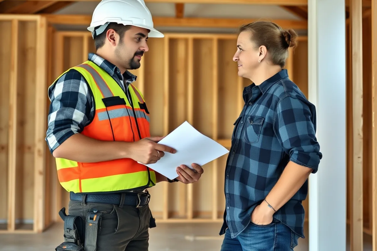Builder discussing a quote with a homeowner in an unfinished room