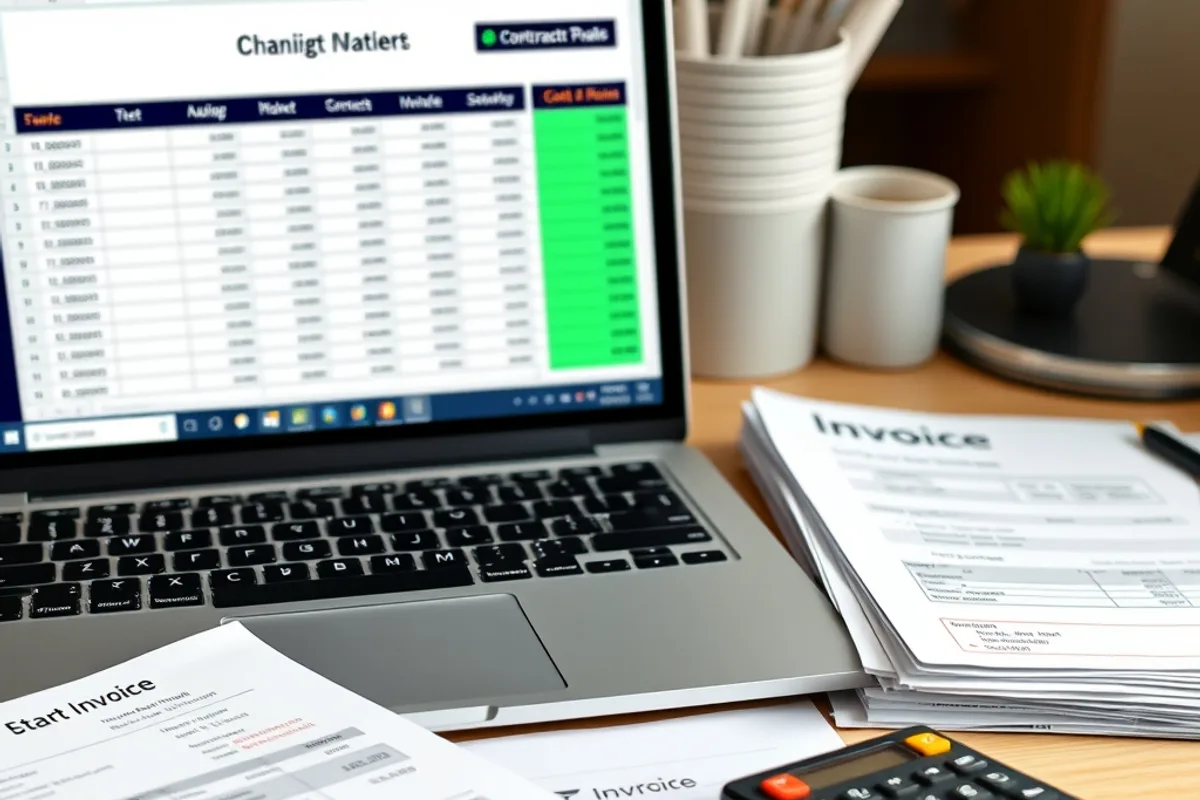 Laptop showing a renovation budget spreadsheet beside invoices
