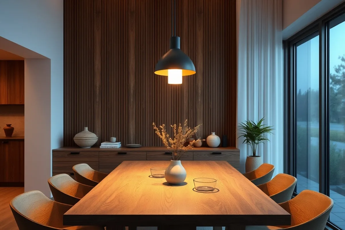 Dining room with linear pendant above a timber table at dusk