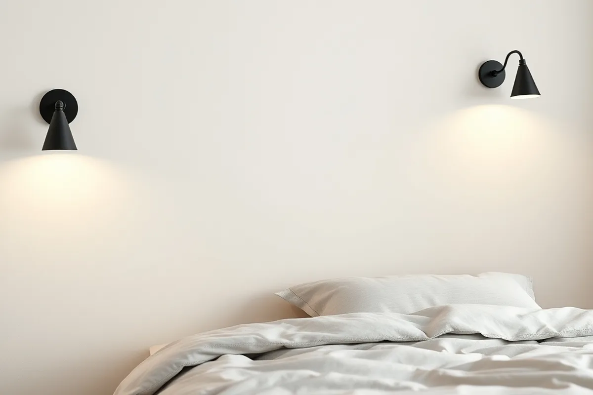 Bedroom with wall mounted bedside lights and linen bedding