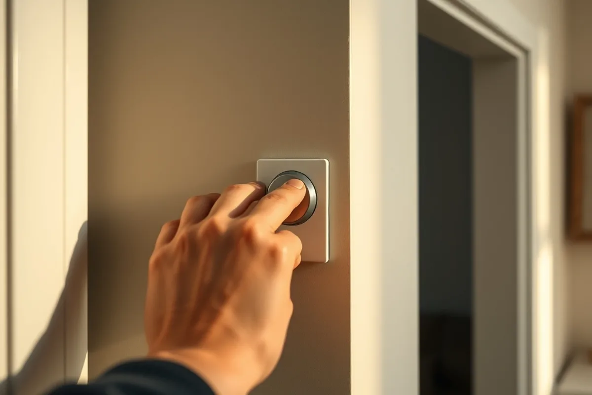 Hand adjusting a dimmer switch in a softly lit room