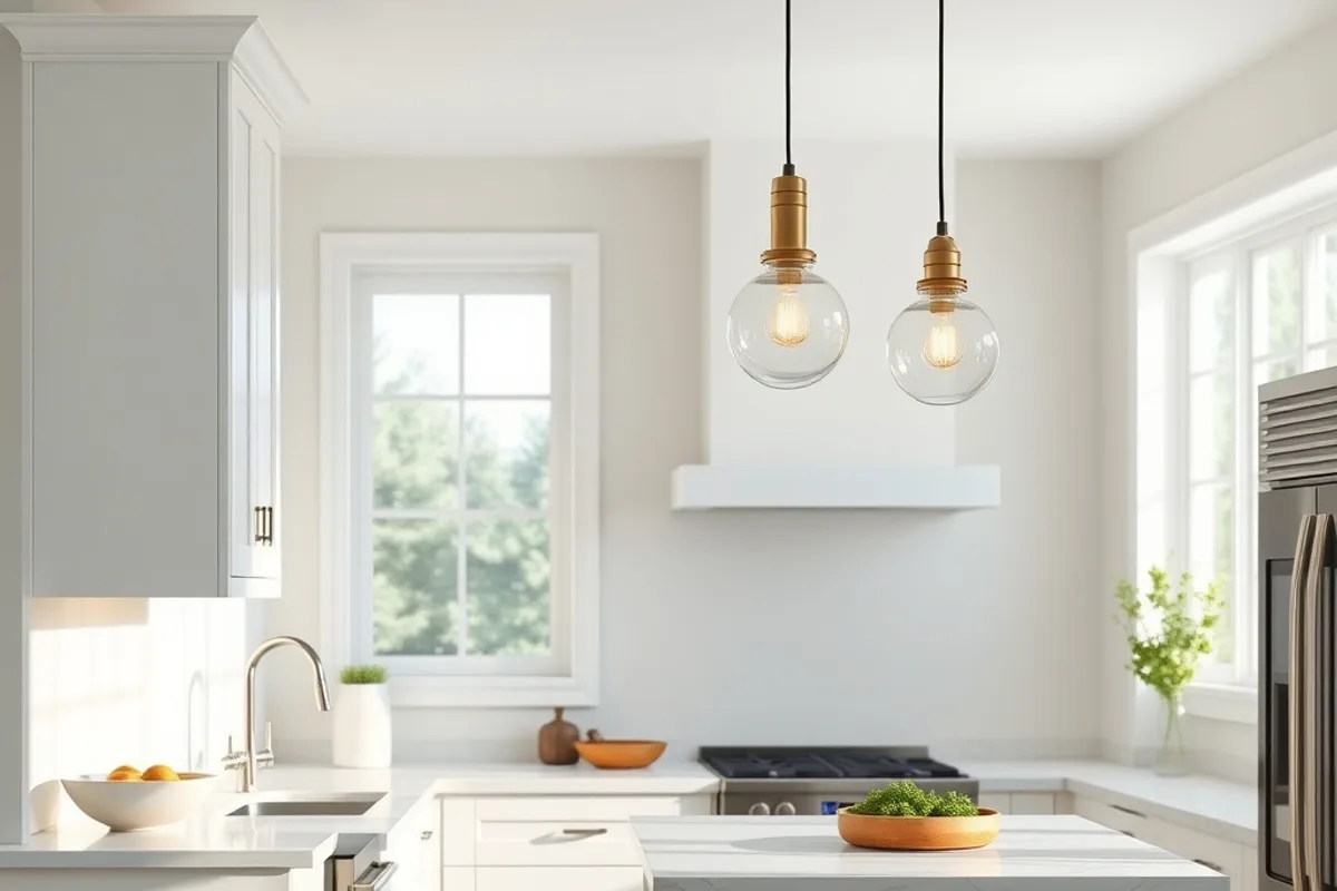 Bright kitchen with under cabinet lighting and pendants over an island
