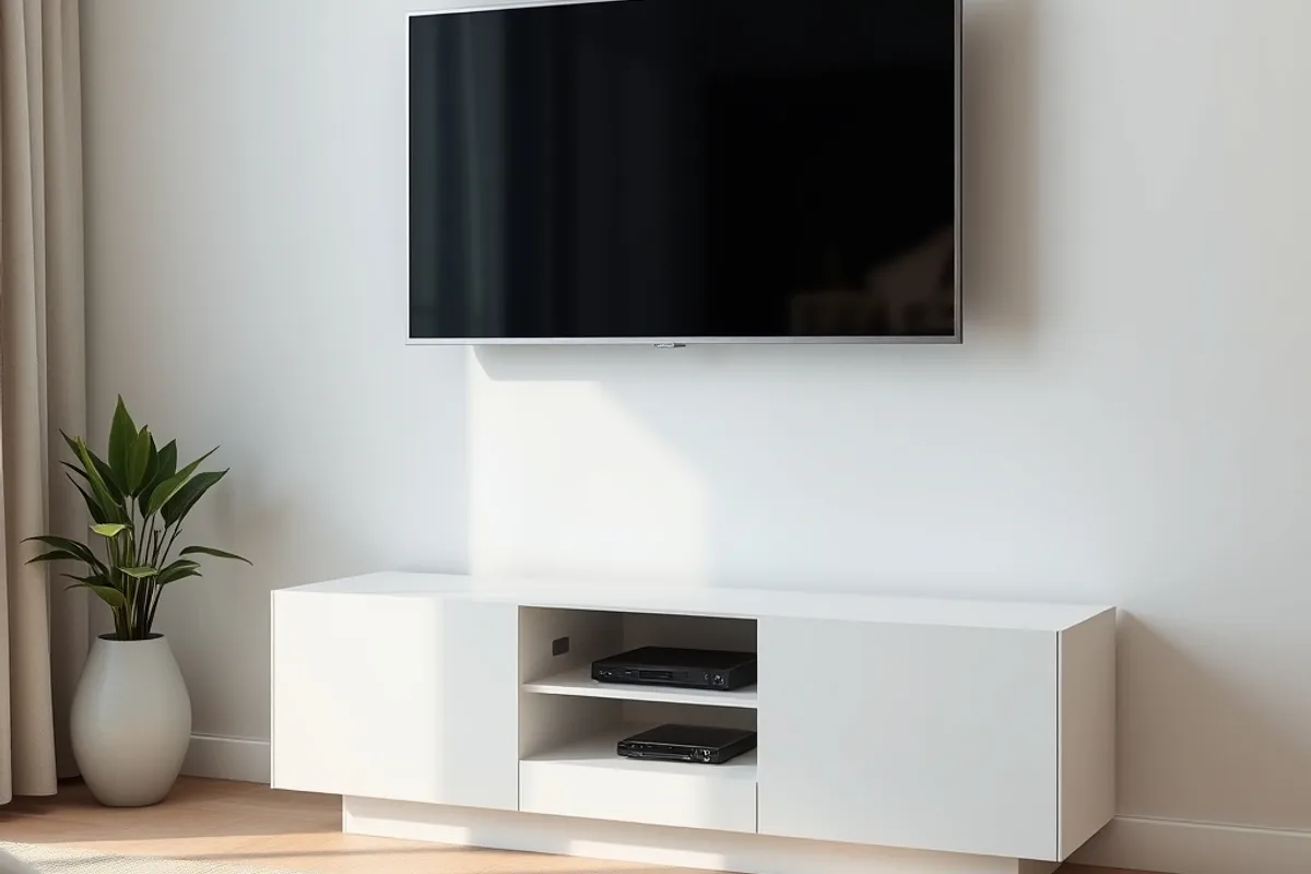 Living room with low media console and wall mounted television
