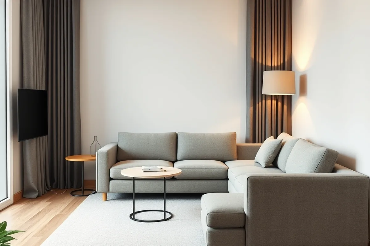 Compact living room with slim sofa, side table and floor lamp