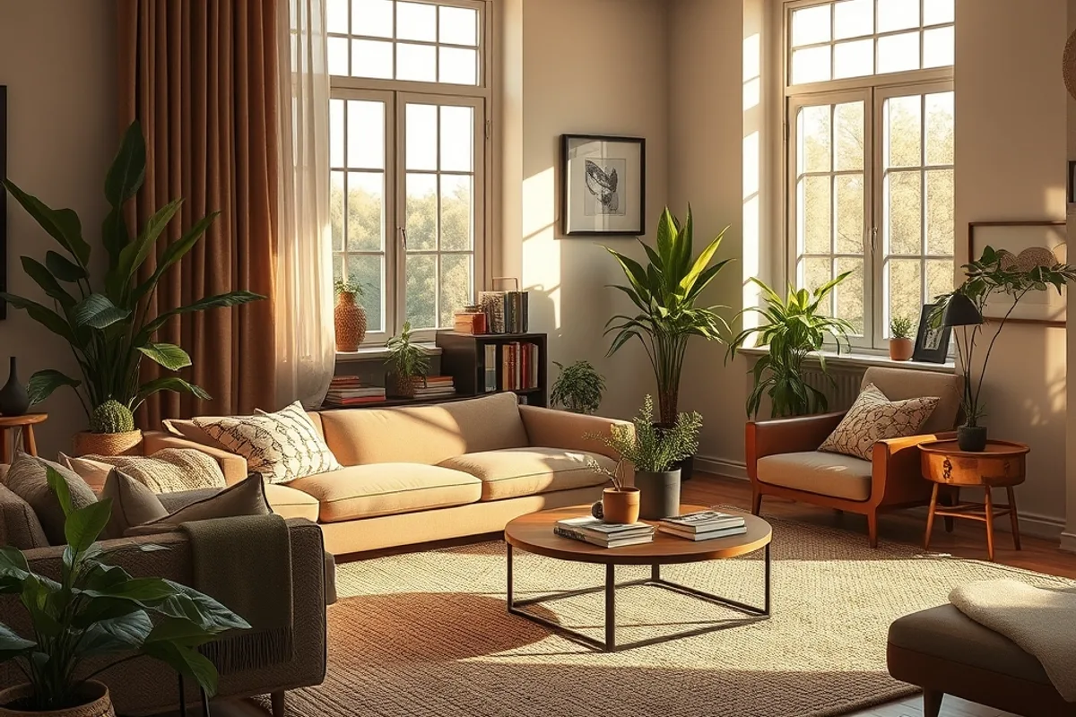 Finished living room with layered lighting, plants and textured rug