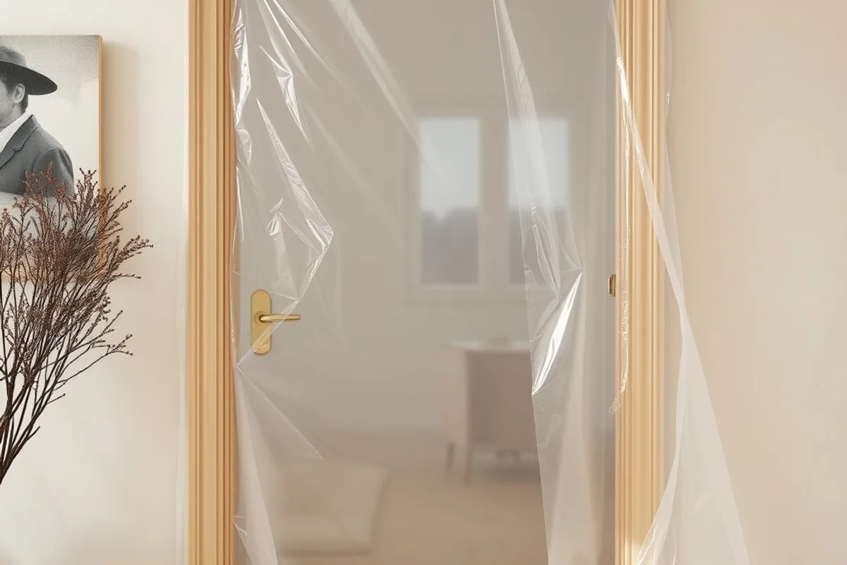 Plastic sheeting sealing a doorway to contain dust