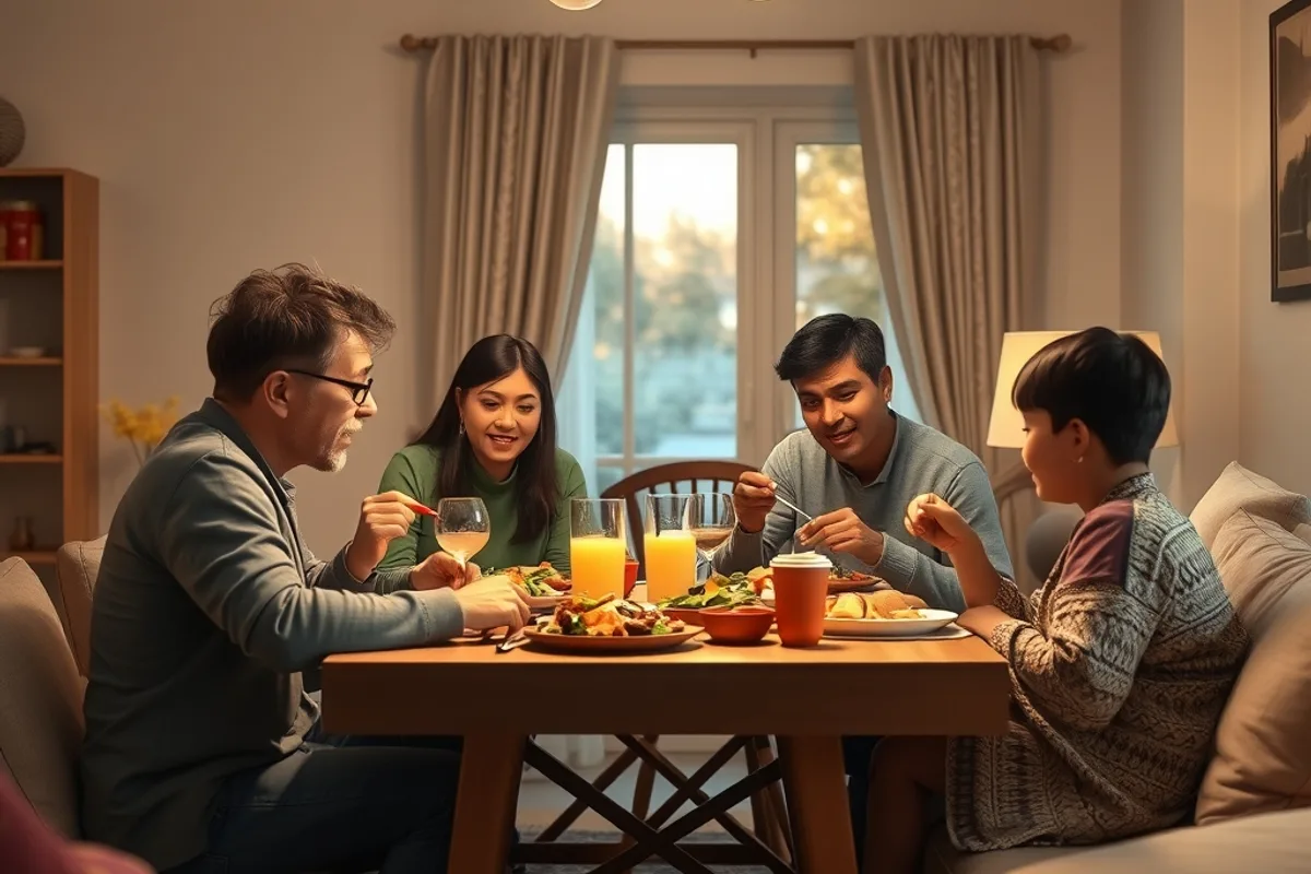 Family eating takeaway dinner in a half renovated living room