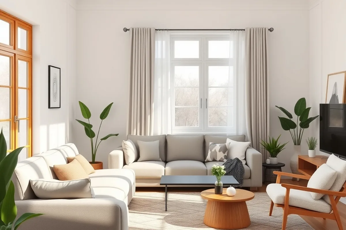 Finished calm family living room with sofa, rug and plants