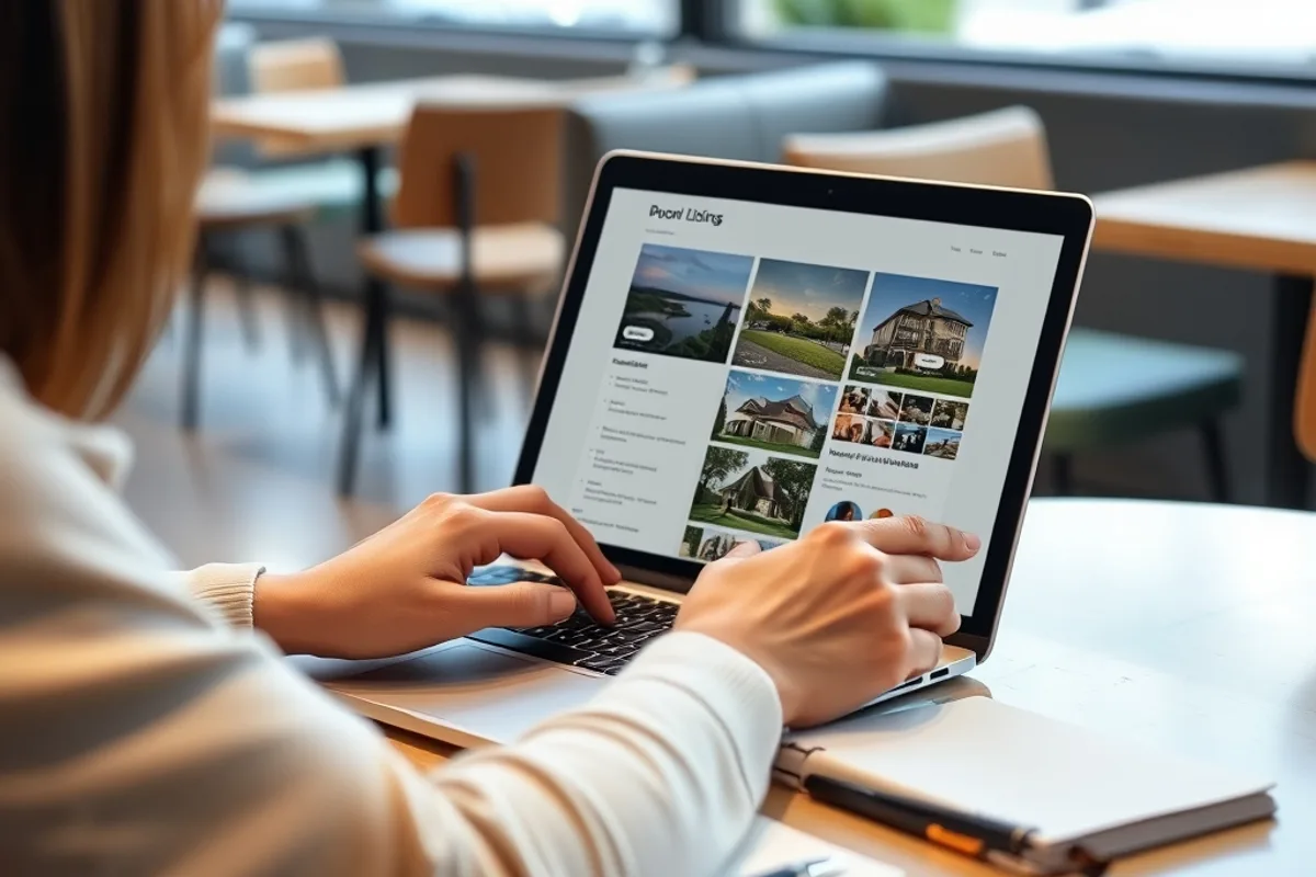 Person reading property listings on a laptop at a cafe table