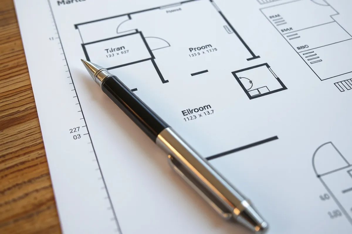 Printed floor plan with dimensions and a pen on a wooden table