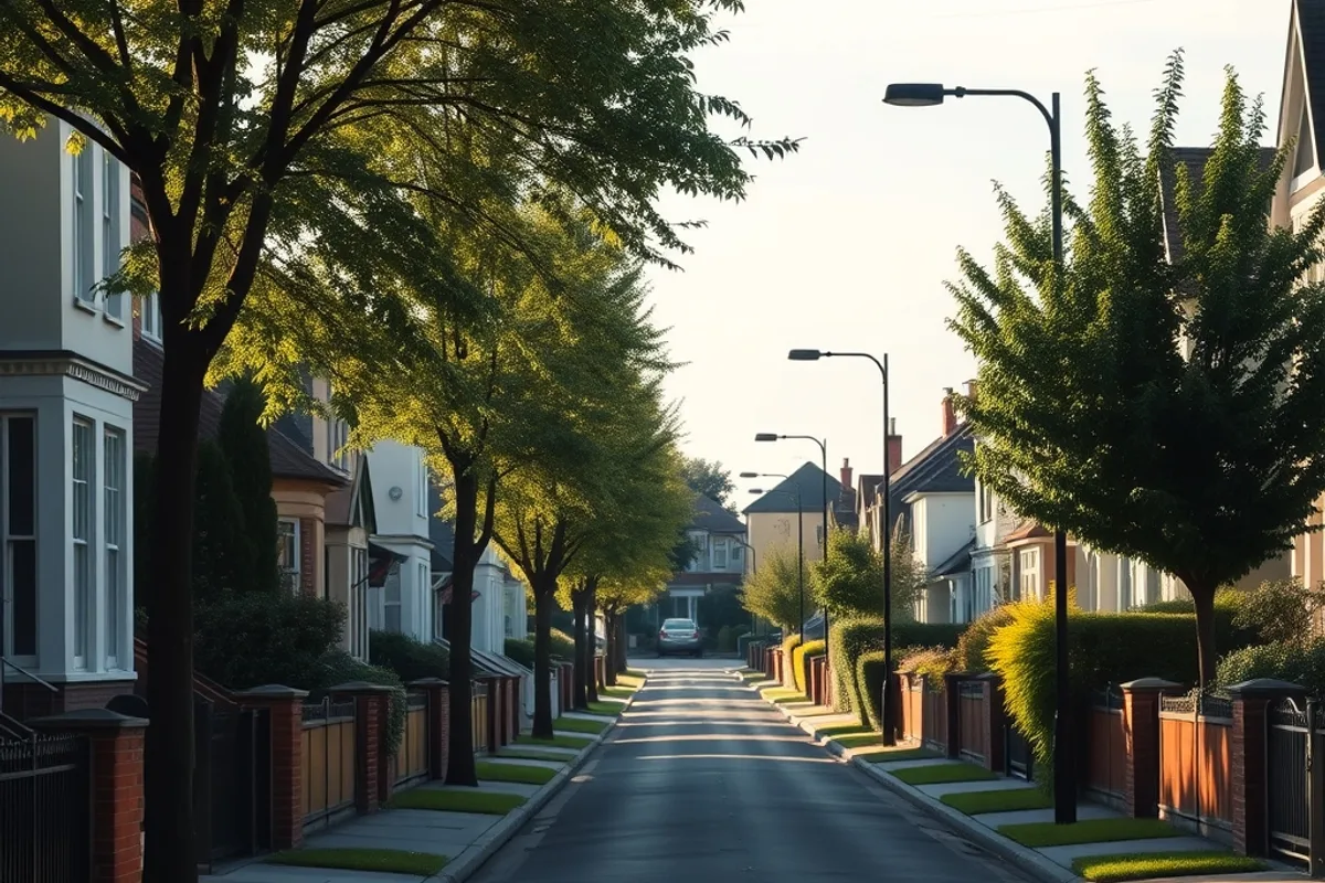 Quiet leafy residential street with tidy houses in afternoon light