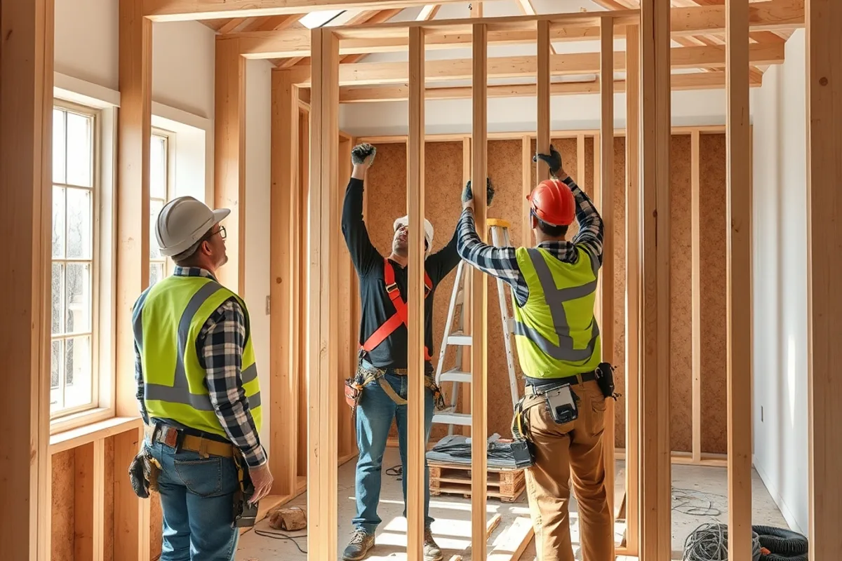 Builders installing timber wall framing inside a house